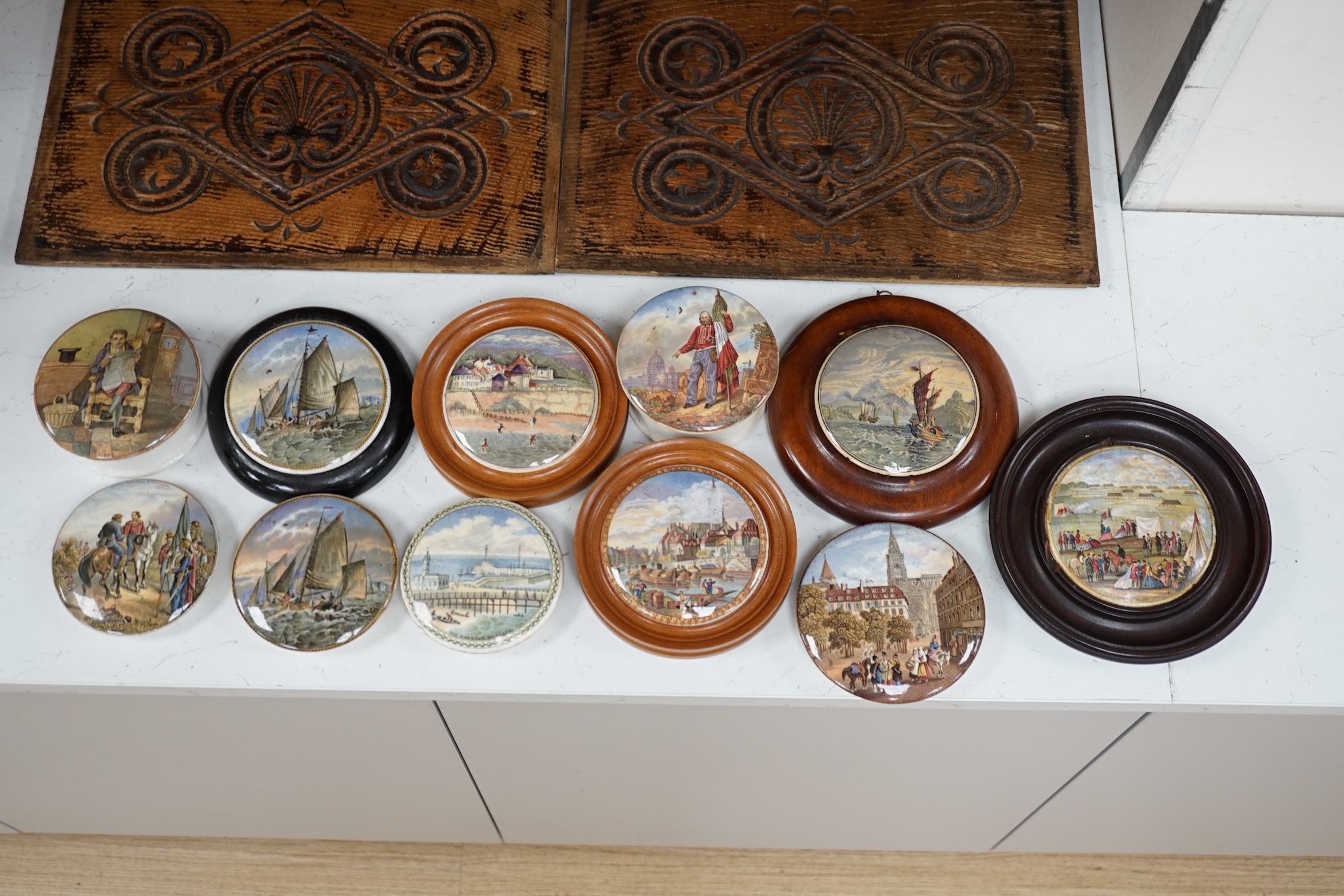 Eleven 19th century mostly framed pot lids including ‘The Ning Po River’, ‘Rifle Contest Wimbledon 1868’, ‘Vue De La Ville De Strasbourg Prise De Port’ etc. Condition - fair to good